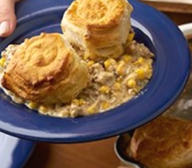 One Pan Cheddar Biscuits & Gravy Bake