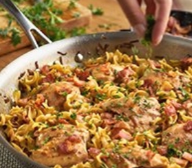 One Pan Bourbon & Bacon Braised Chicken Thighs