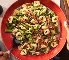 Creamy Tortellini with Asparagus in Mushroom Bacon Sauce