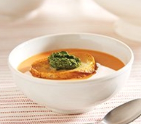 Creamy Citrus Tomato Soup with Pesto Croutons