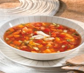 Chilled Pear Tomato Gazpacho with Cucumber, Melon and Lump Crabmeat