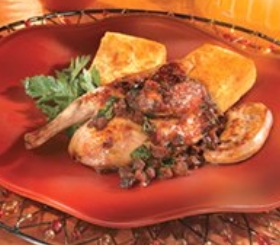 Grilled Game Hens & Seared Foie Gras with Crispy Polenta & Fig-Port Reduction