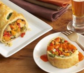 Roasted Vegetable Strudel with Red Pepper Coulis