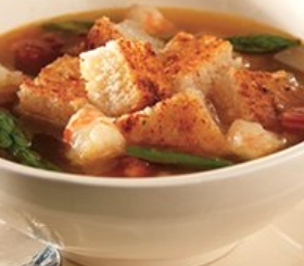 Roasted Asparagus & Shrimp Soup with Parmesan Cheese Croutons