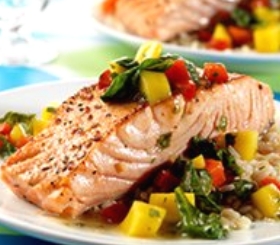 Pan-Seared Salmon in Peach Mango Sauce